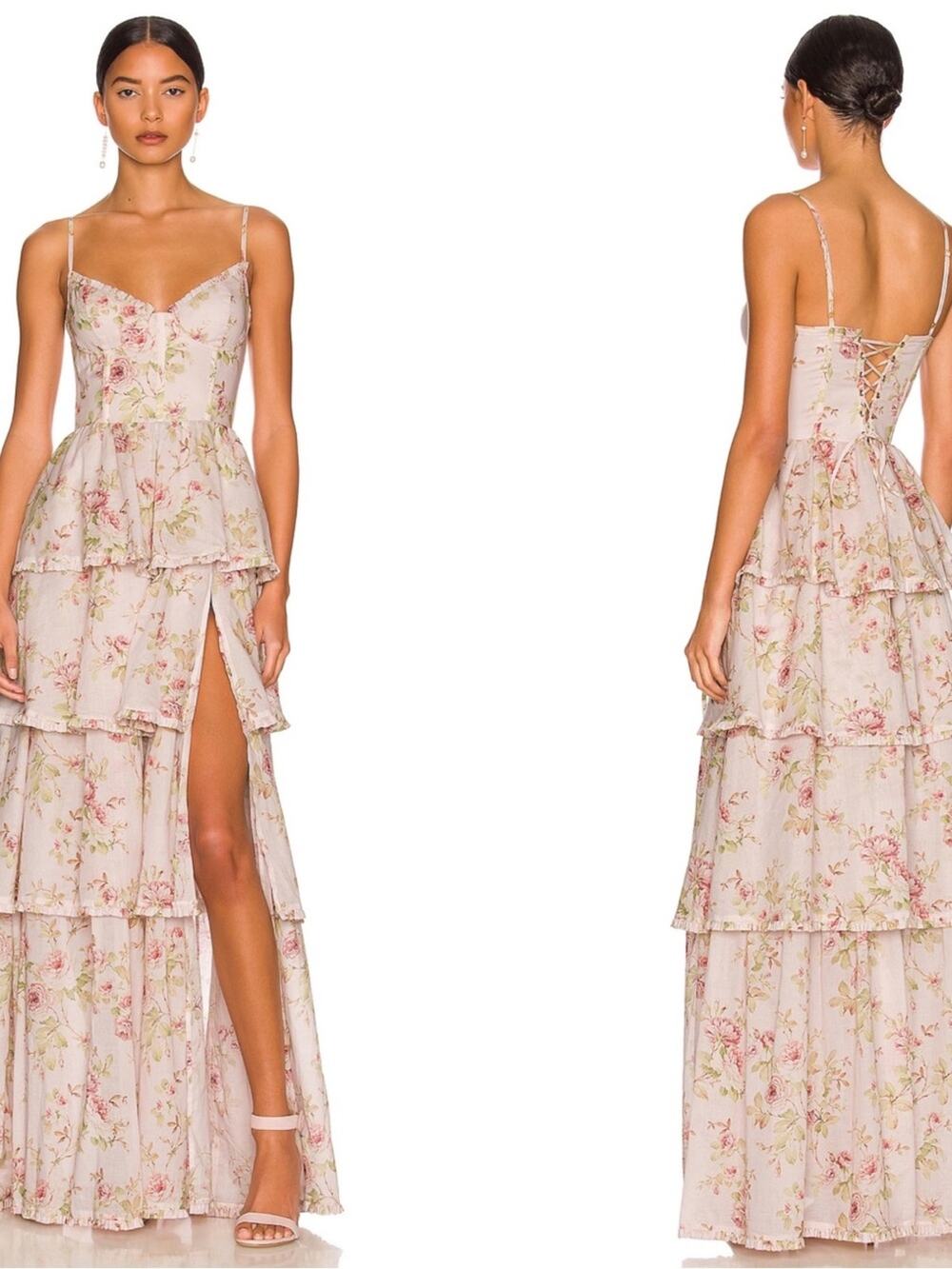V. CHAPMAN Caterina Tiered Floral Bustier Pink Rose Maxi Dress Size 00